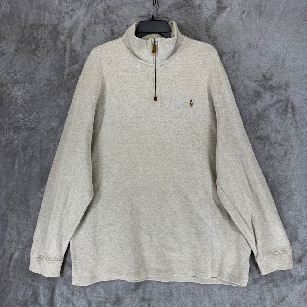 Polo Ralph Lauren Mens XXL Oatmeal Heather Cotton Quarter Zip Pullover Sweater‎